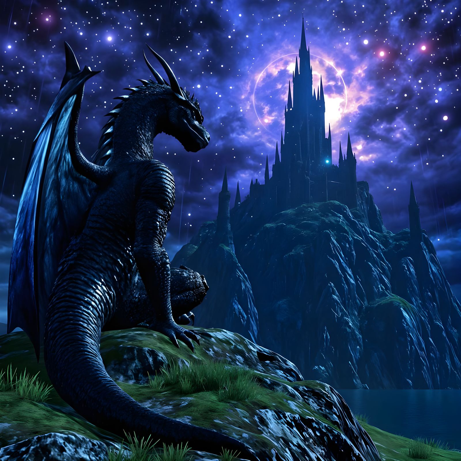 Adorable Dragon Gazes at Castle Under Starry Sky