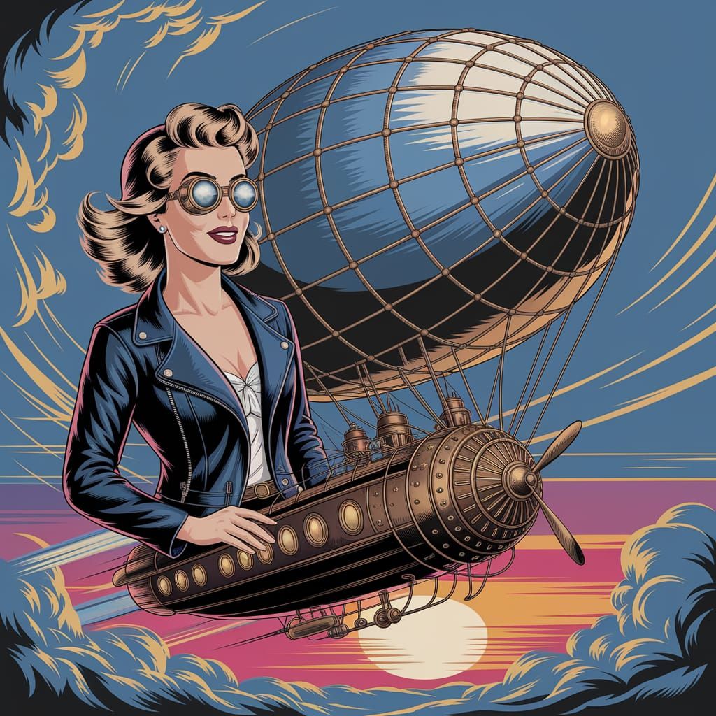 Steampunk Pin-Up Girl Pilots Airship at Sunset