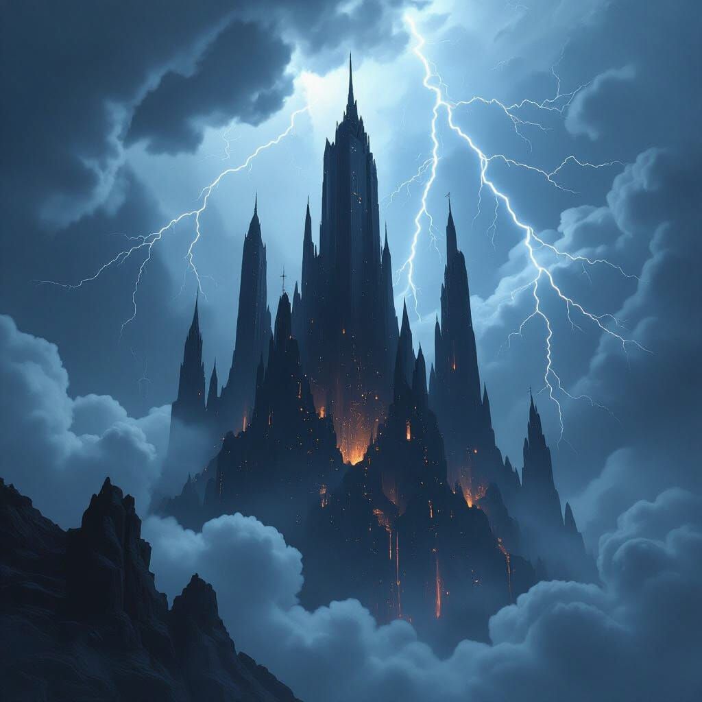 Epic Dark Fantasy Obsidian Spires Under Stormy Skies