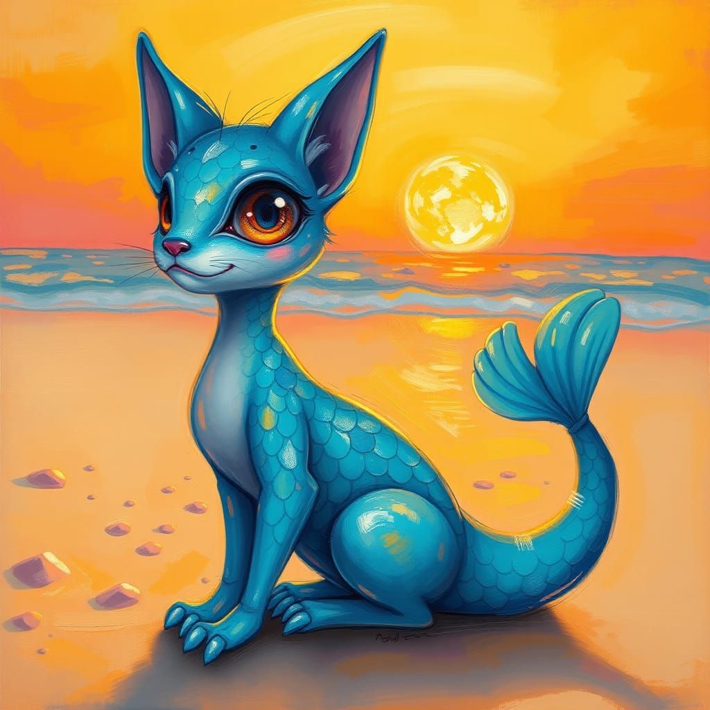 Blue Scaled Cat-Fish Creature on Sunset Beach