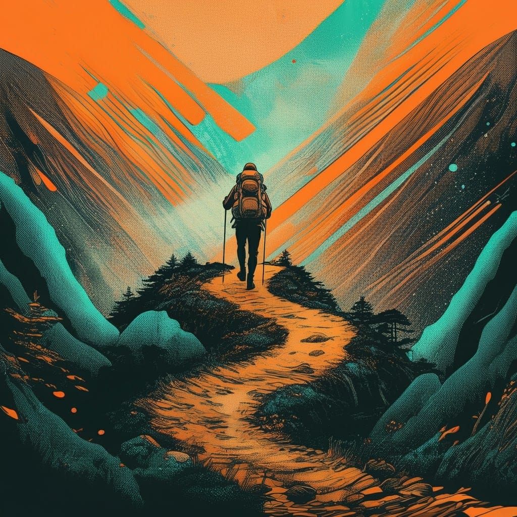 Hiker on Misty Mountain Path, Comic Book Style