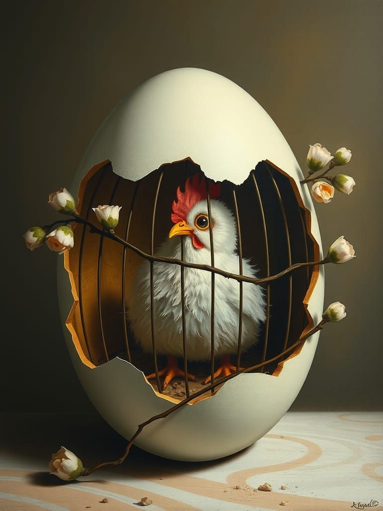Surreal Chicken in Egg Cage Painting