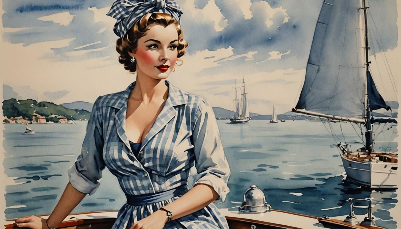 Pin-Up Girl in Vichy Dress, Watercolor Style