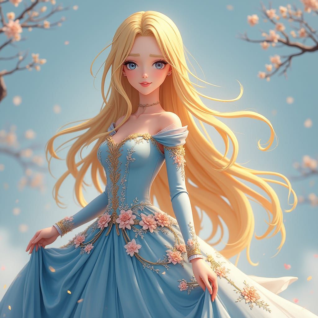 Anime-Inspired Lady in Blue-Green Gown