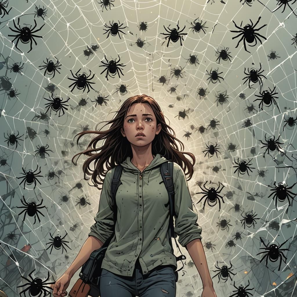 Giant Girl in Spiderweb Pursued by Robotic Spiders