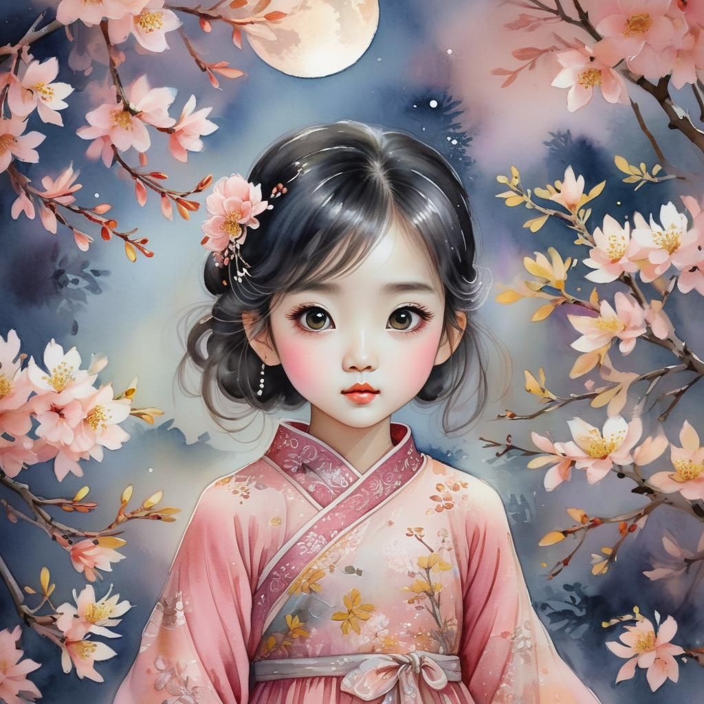 Oriental Girl with Osmanthus Flowers in Watercolor Style