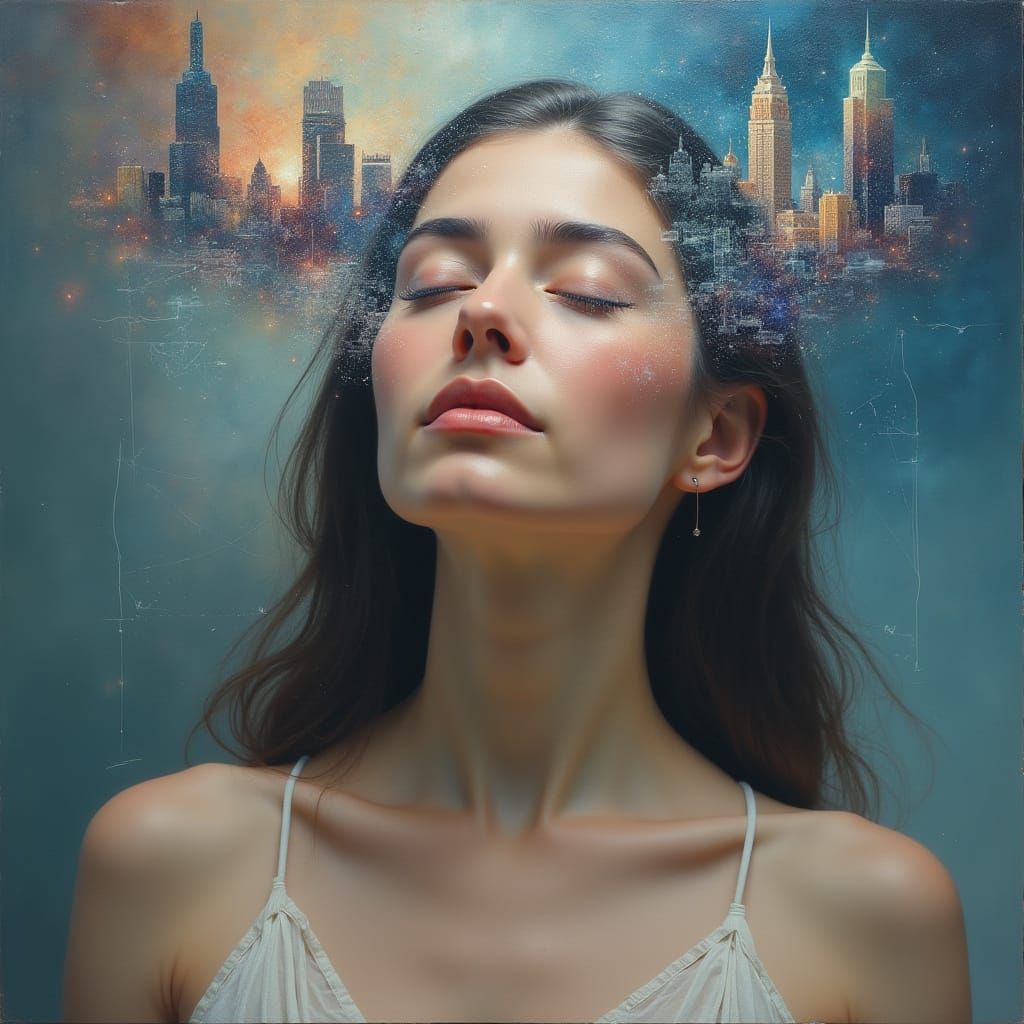 Meditating Woman With Holographic Interface, Oil Painting