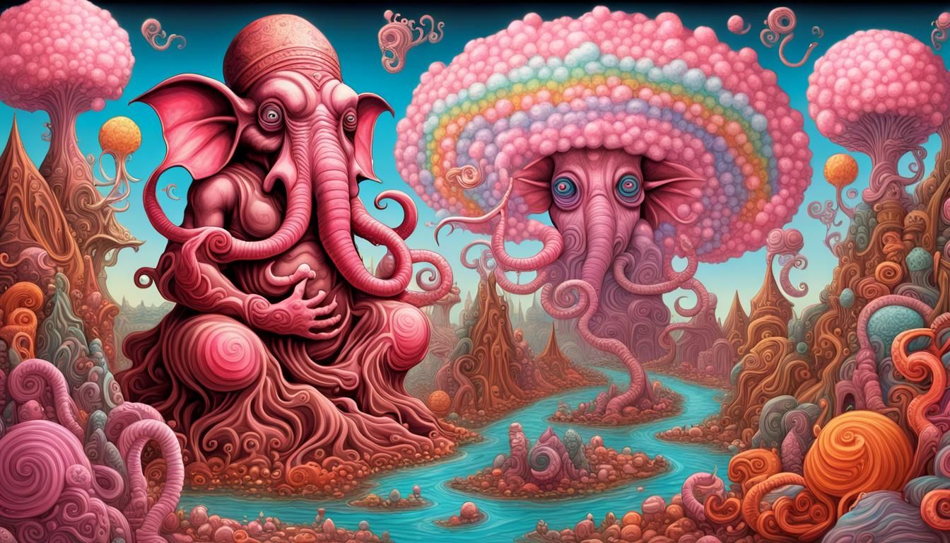 Cthulhu and Ganesh share a big Cotton Candy in a Candyland A...