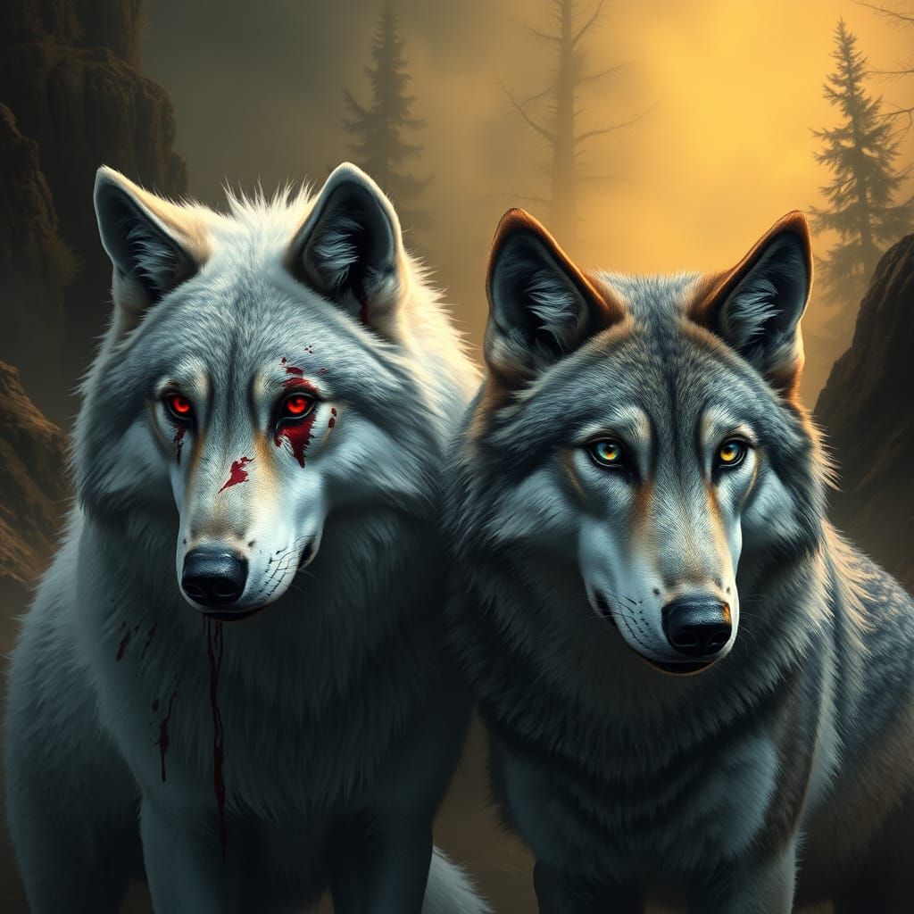 Wolves with Heterochromia in Eerie Forest