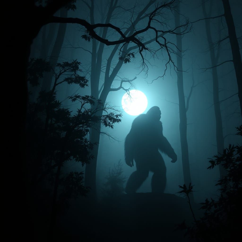 Mysterious Bigfoot Silhouette in Foggy Forest Night