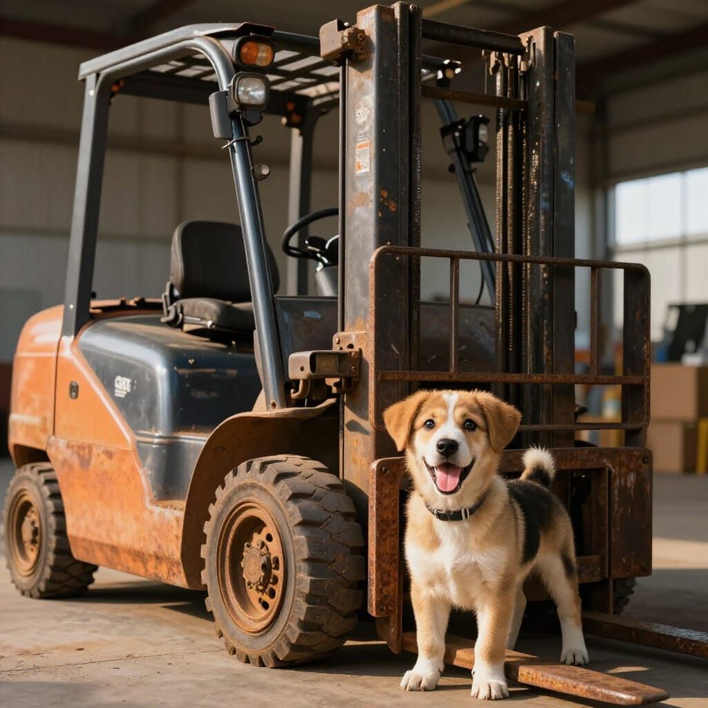 Rusty Forklift and Happy Puppy in Sunlit Warehouse
