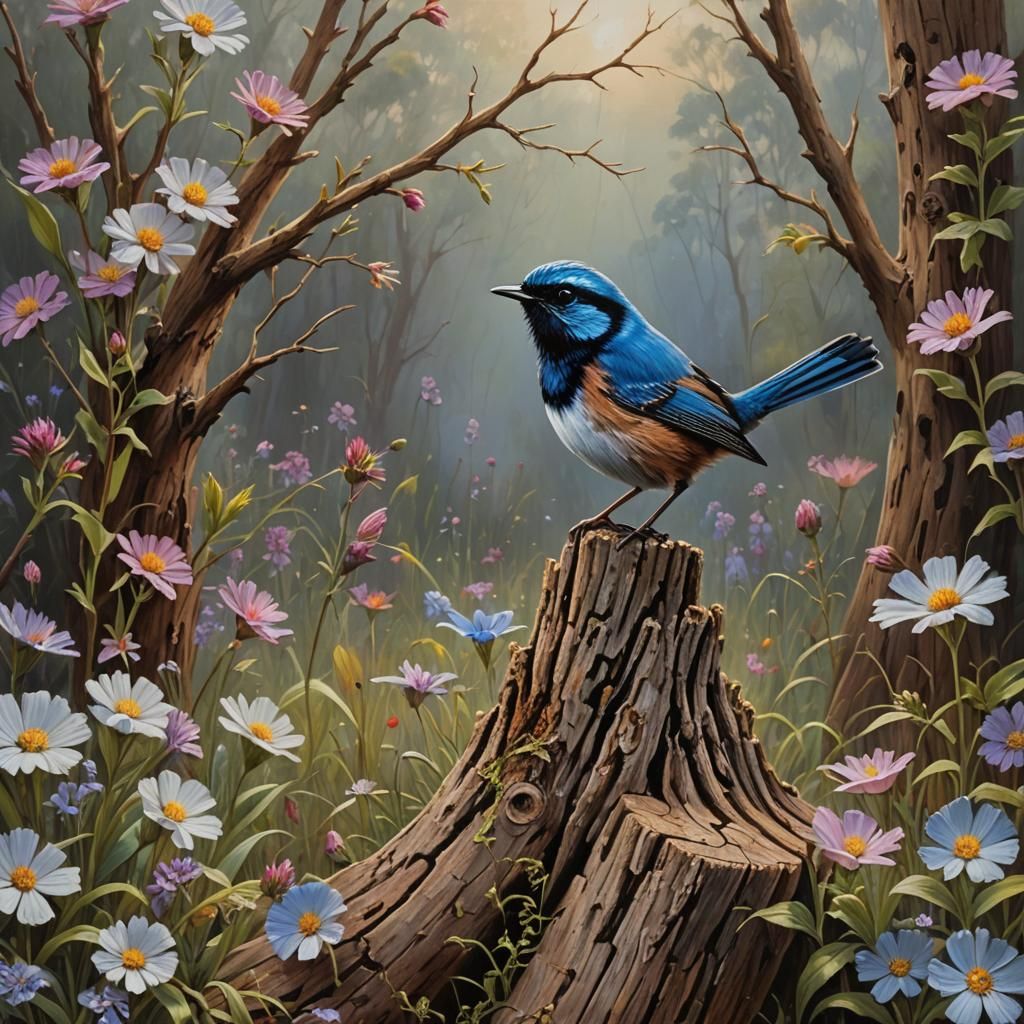 Fairy Wren on Stump in Oil Painting Style