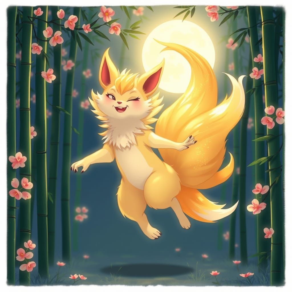 Kitsune Spirit Dances in Moonlit Forest