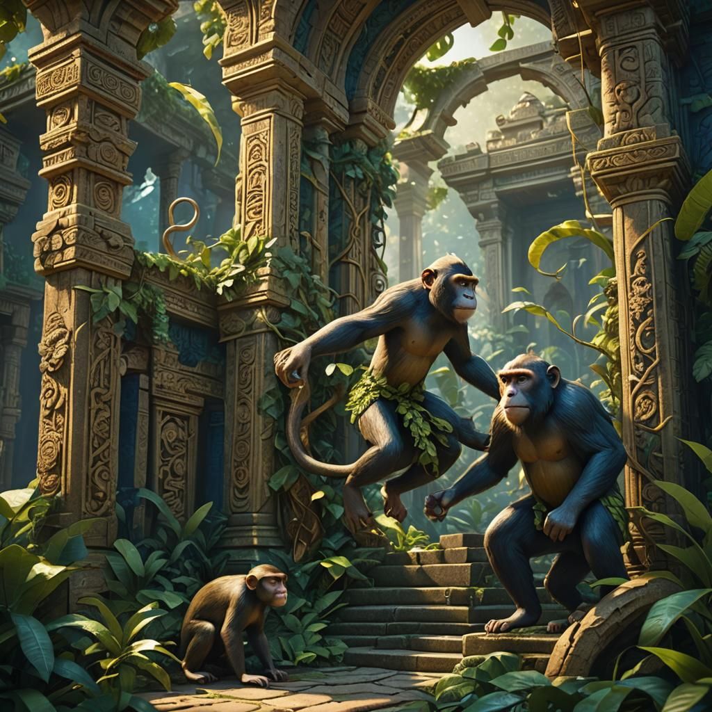 Monkeys Clash in Ancient Jungle Temple Ruins