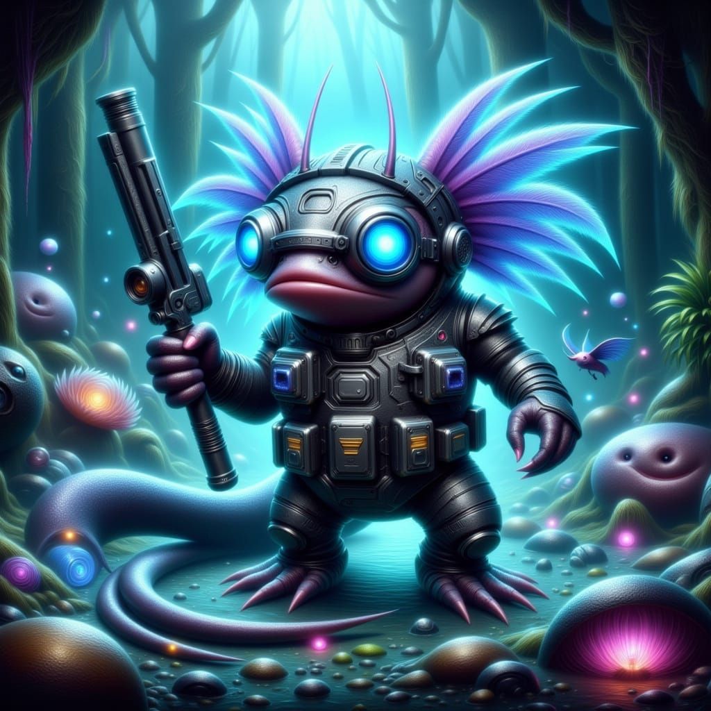 Cyberpunk Axolotl Hero in Glowing Aquarium