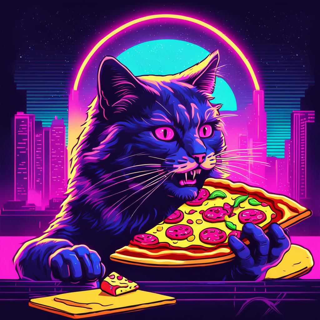 Cat Eating Pizza in Synthwave Neon Style