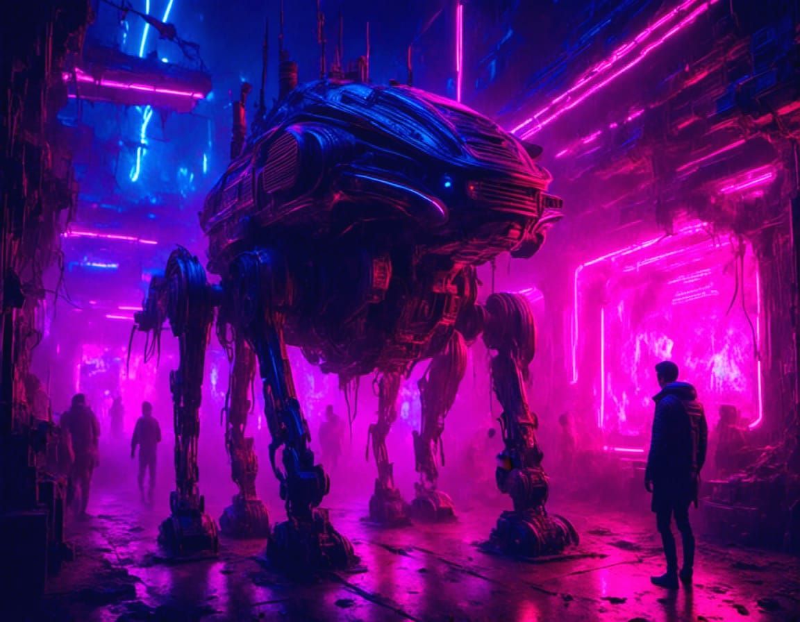 Alien and Robot Cat in Cyberpunk Cityscape