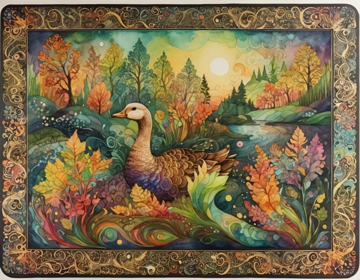 Whimsical Goose in Watercolor Fantasy Landscape