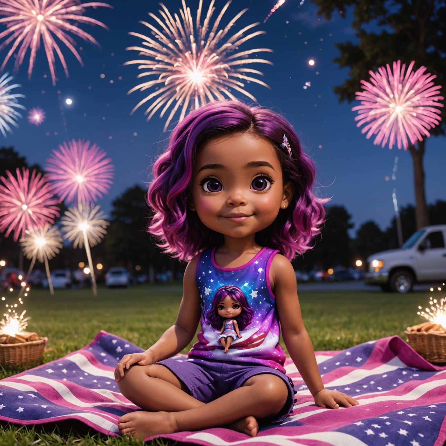Joyful Chibi Girl Watching 4th of July Fireworks