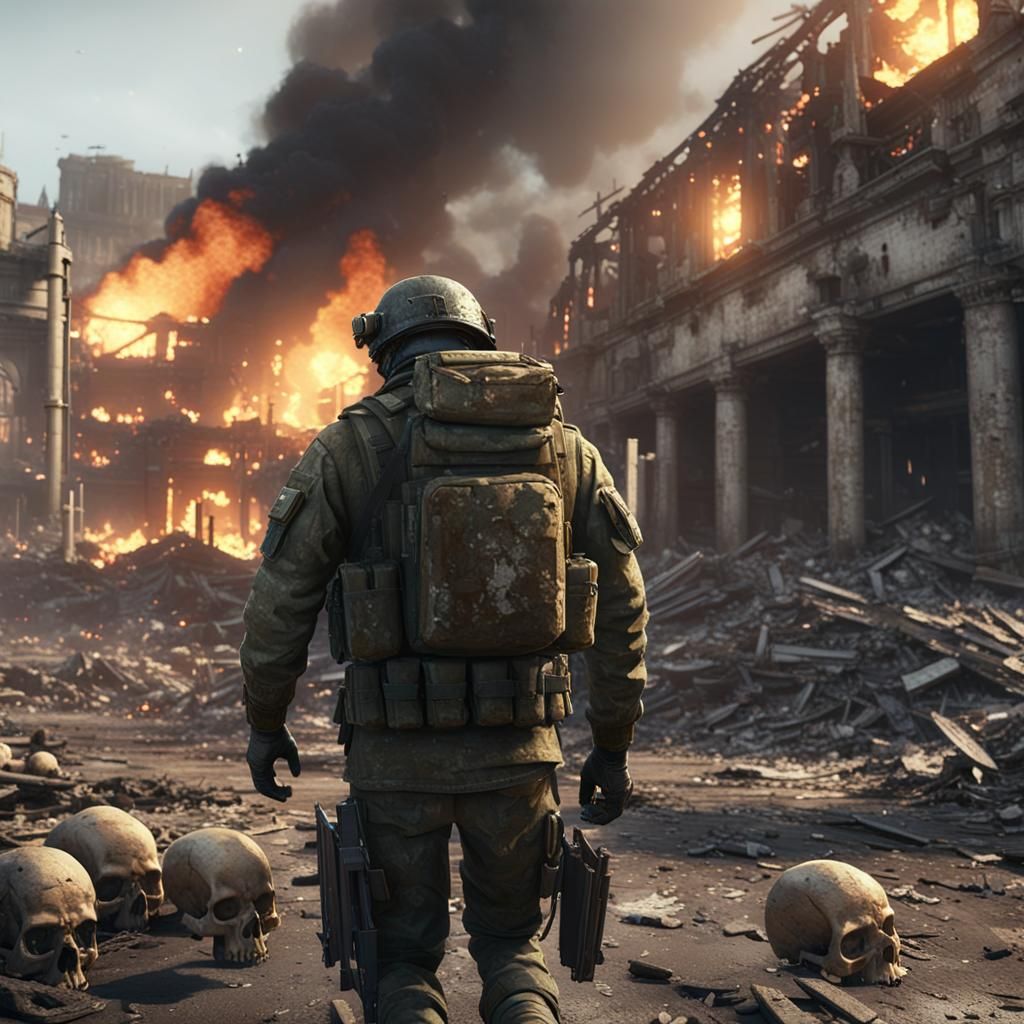 Apocalyptic Soldier in Burning City: 3D Game Art