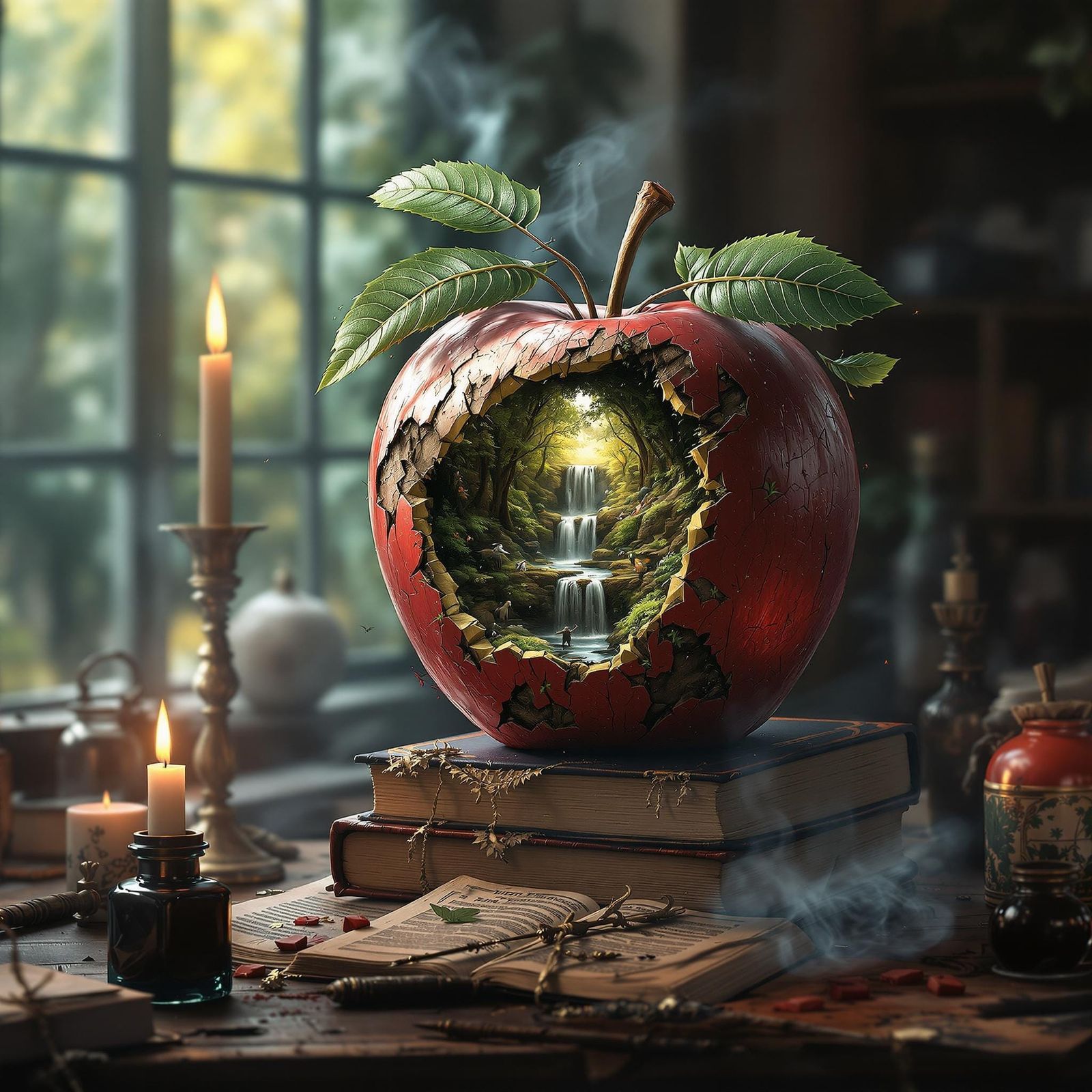 Surrealistic Forest Scene Unfolds from Rotten Apple