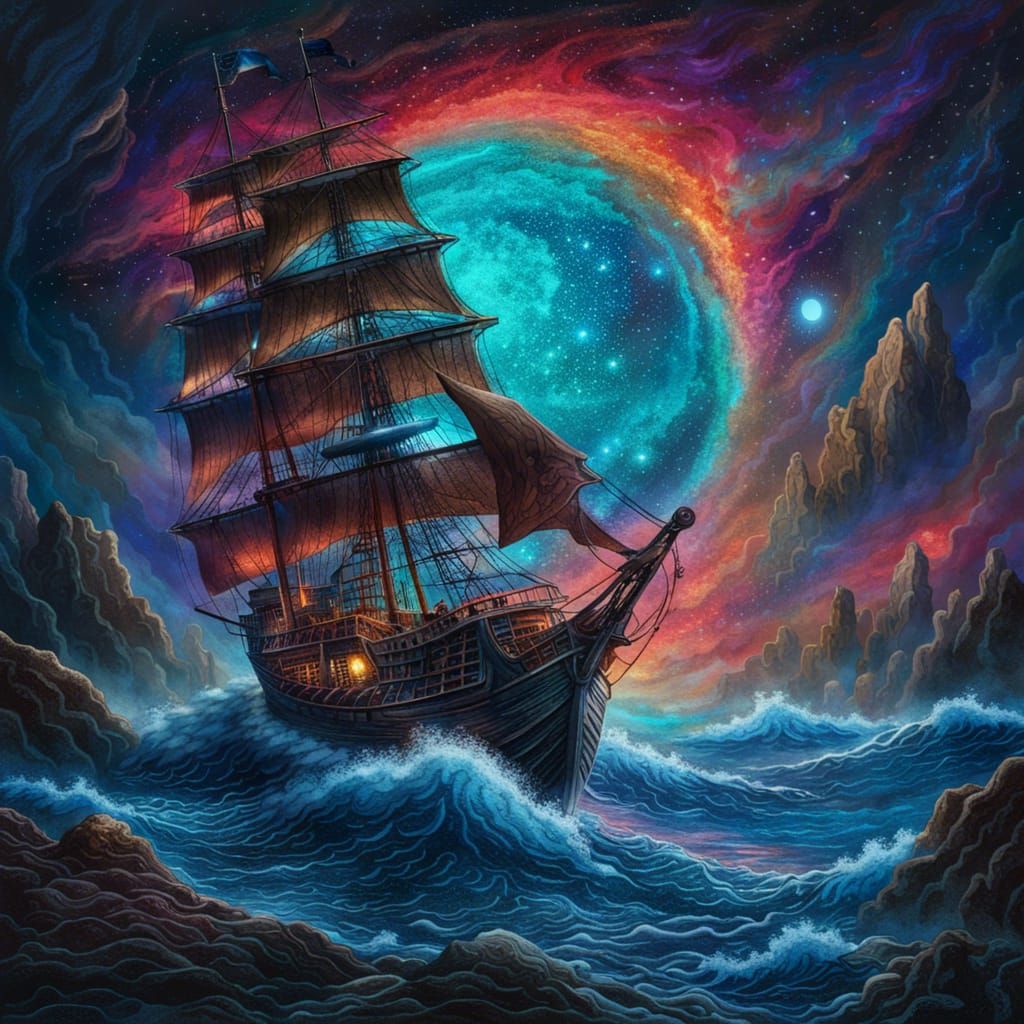 Mystical Pirate Ship on Cosmic Seas: Impressionist Painting