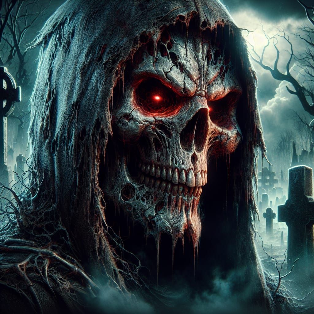 Menacing Reaper Skull in Misty Graveyard: 8K Matte Painting