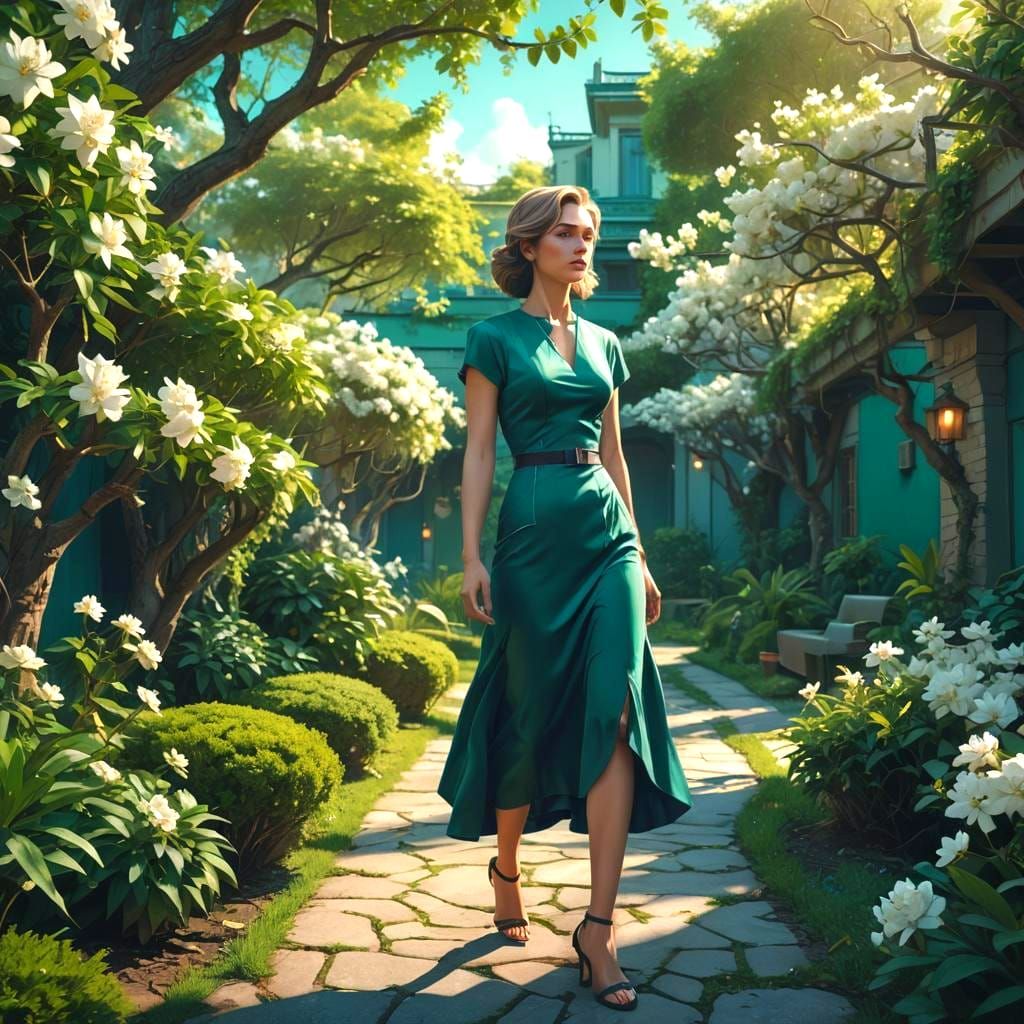 Stylish Woman in Jasmine Garden: Fantasy Concept Art