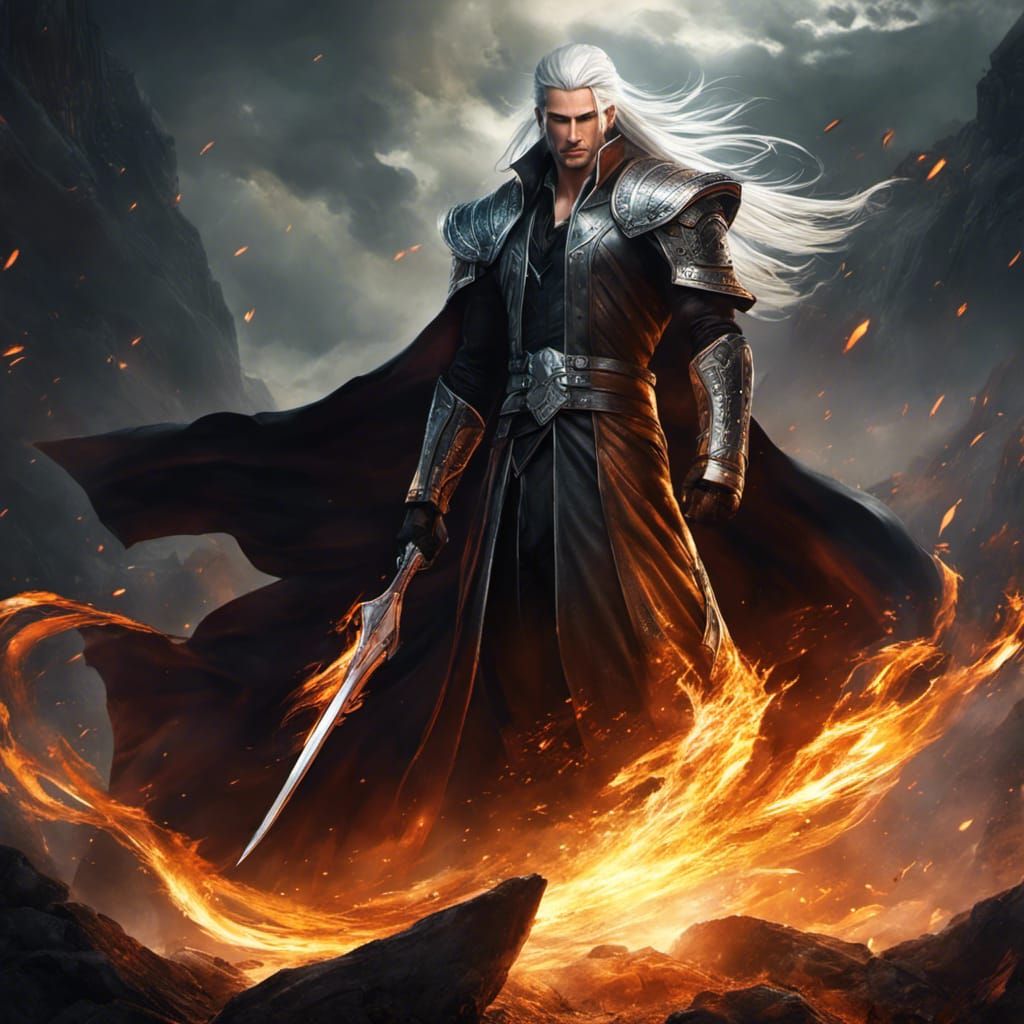 Fierce Elven Wizard Bladesinger with Blazing Katana