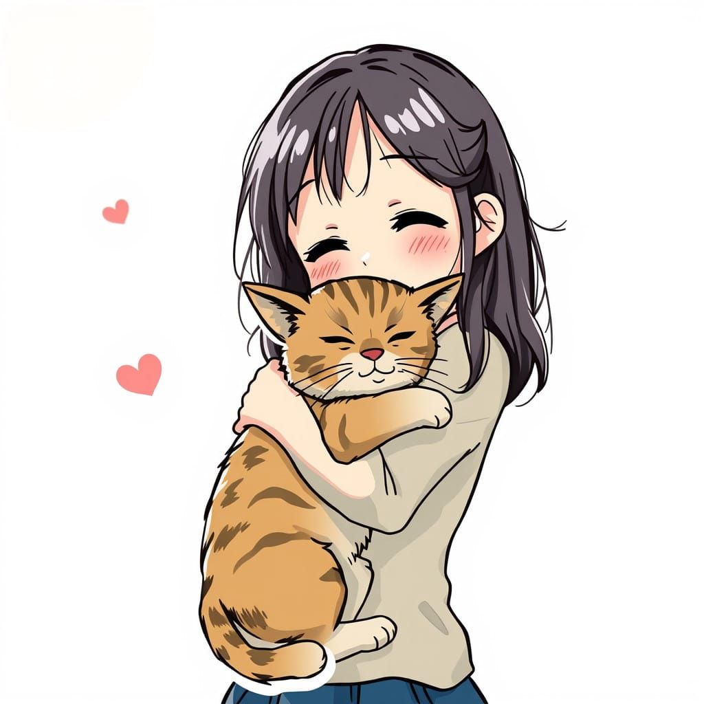 Charming Girl Hugs Adorable Cat in Vibrant Cel-Shaded Style