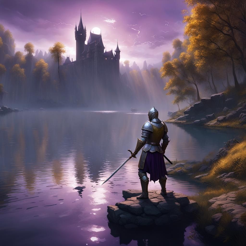 Knight Throws Sword into Lake: Dark Fantasy Art