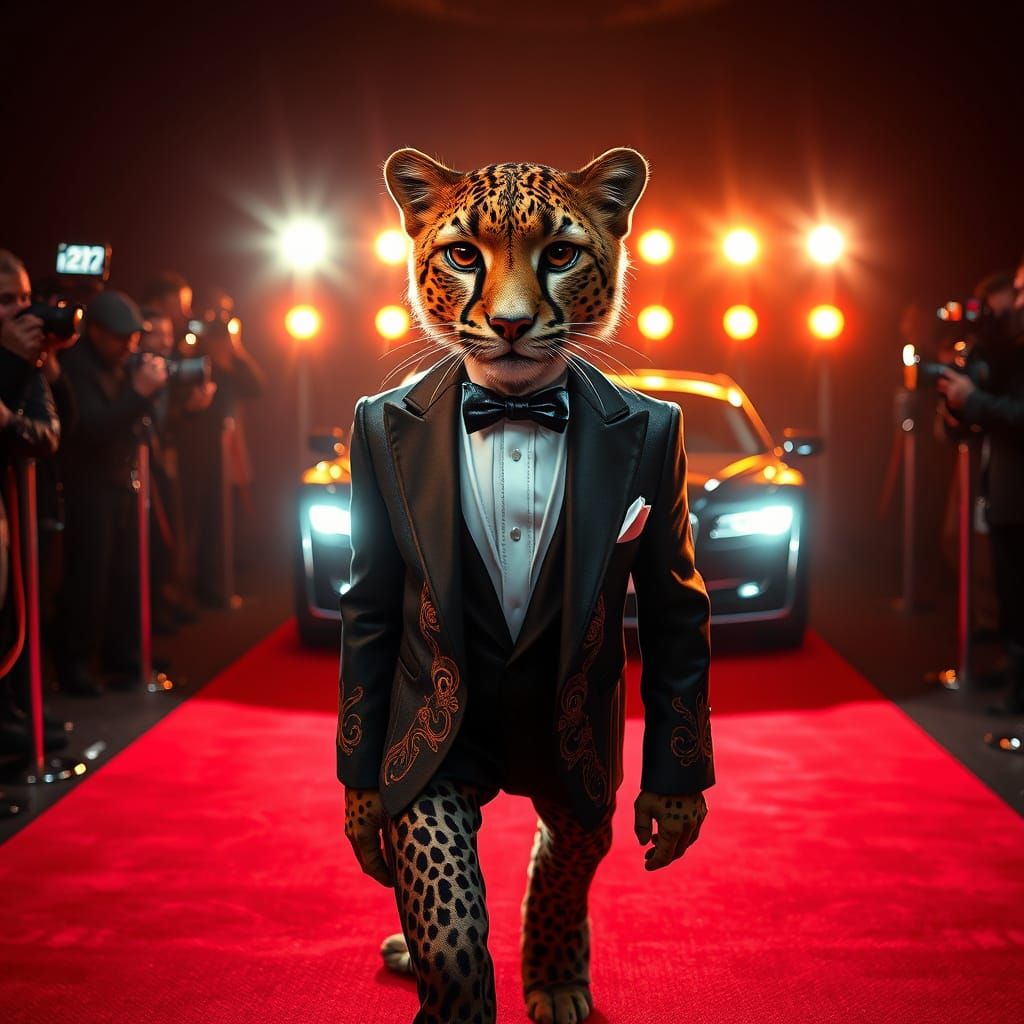 Debonair Cheetah Struts Down Red Carpet in Tailored Tuxedo