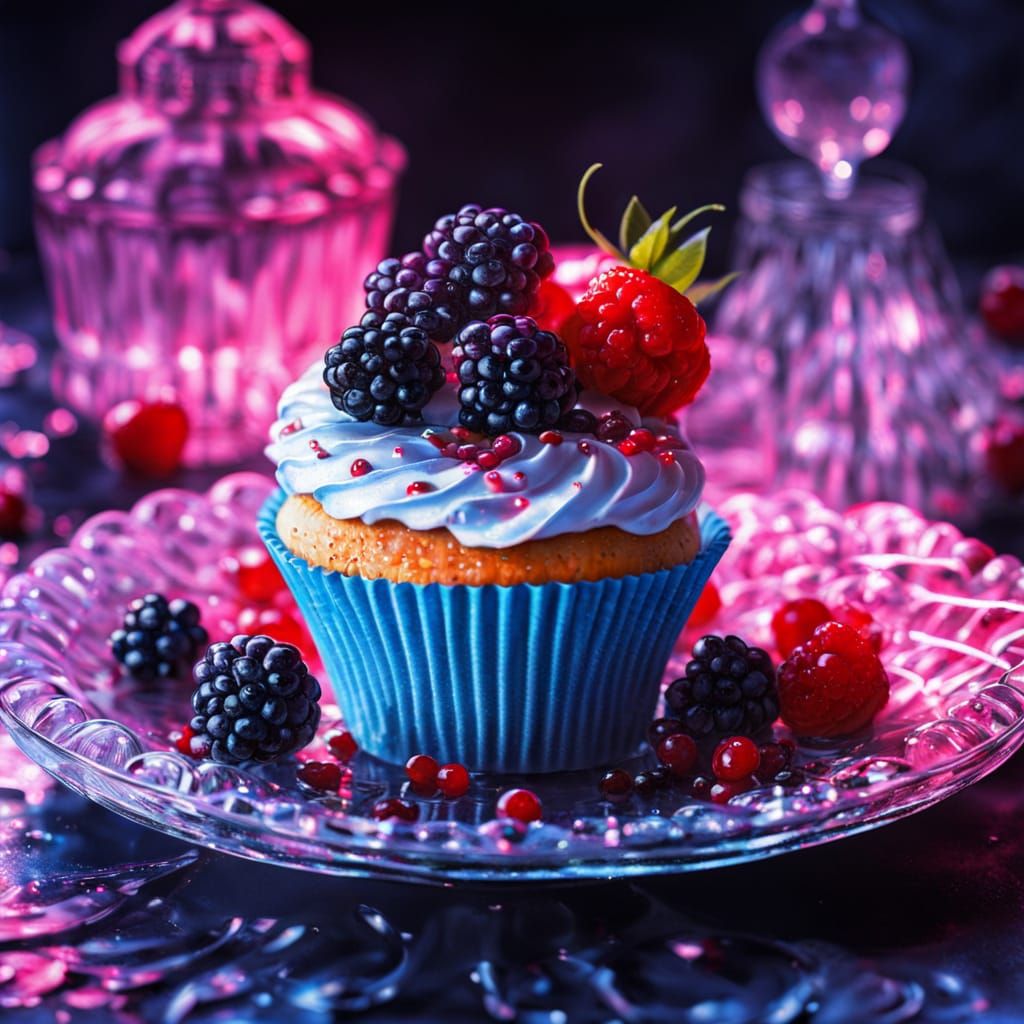 Eerie Cupcake with Berries in Blacklight Neon