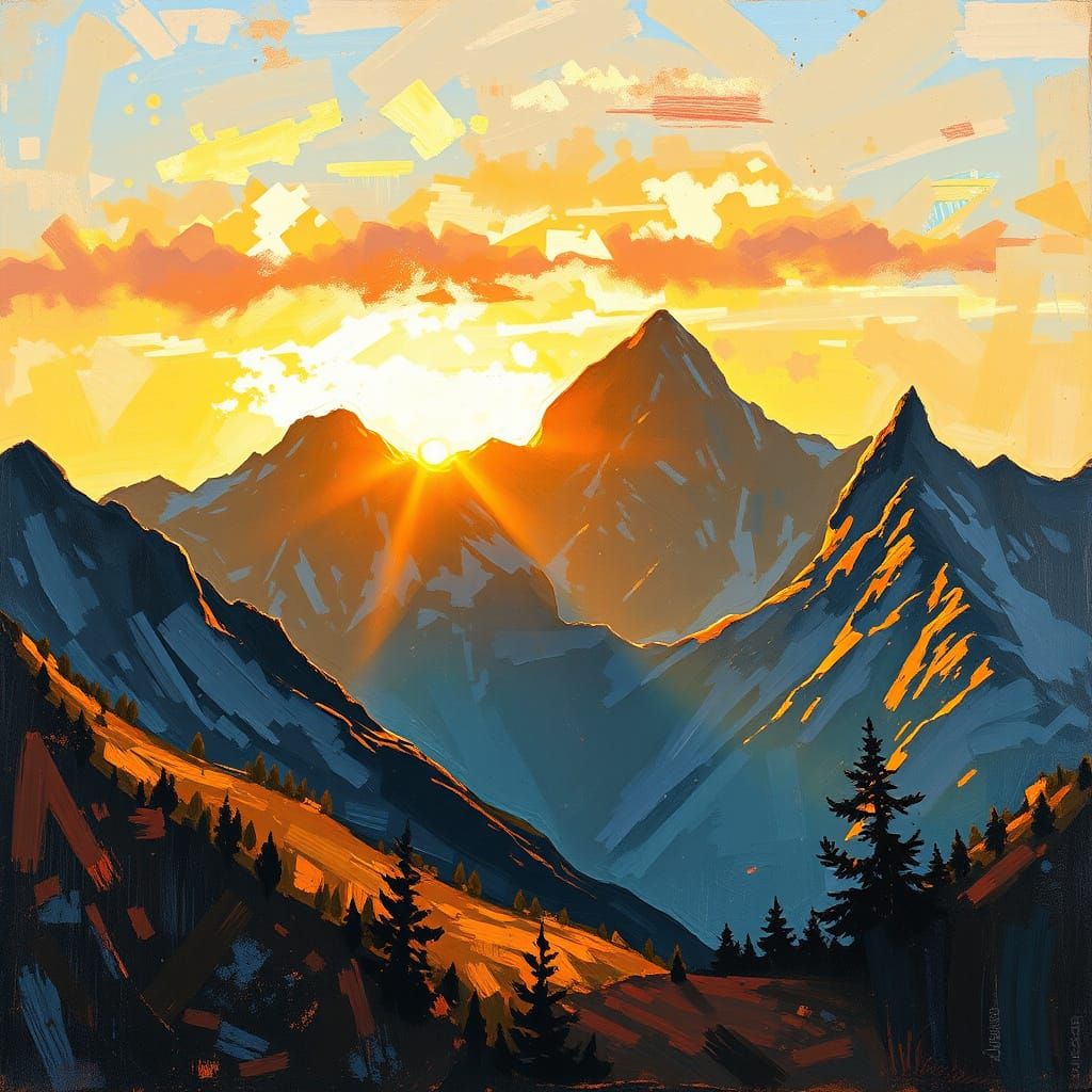 Mountain Sunset in Mixed Impressionist Style