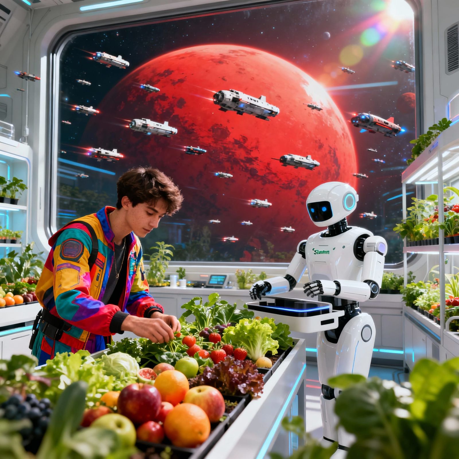 Futuristic Botanical Lab with Robot and Red Planet View