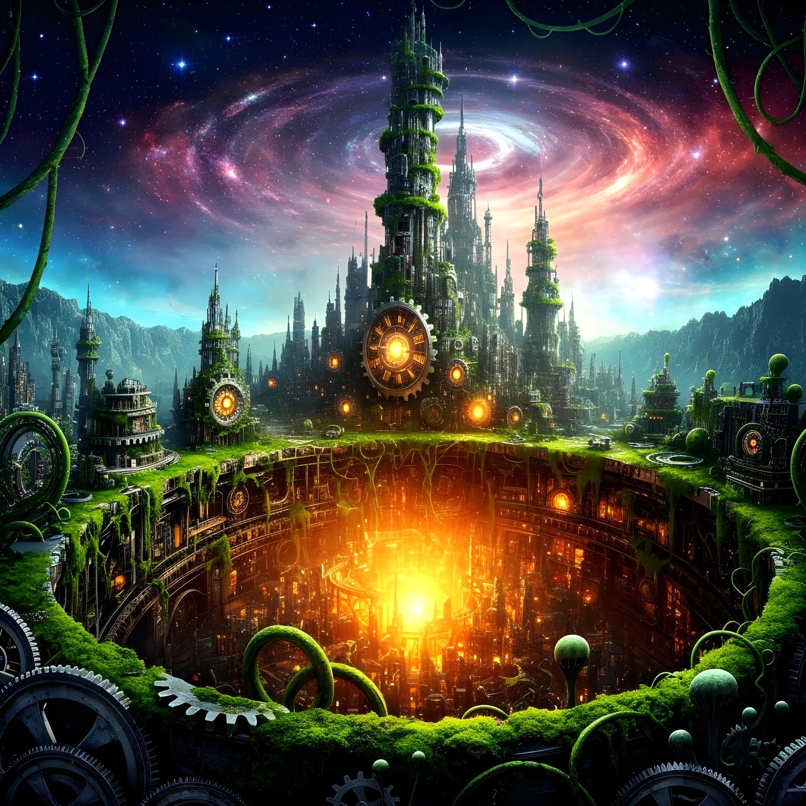 Clockwork City in Crater Under Cosmic Sky