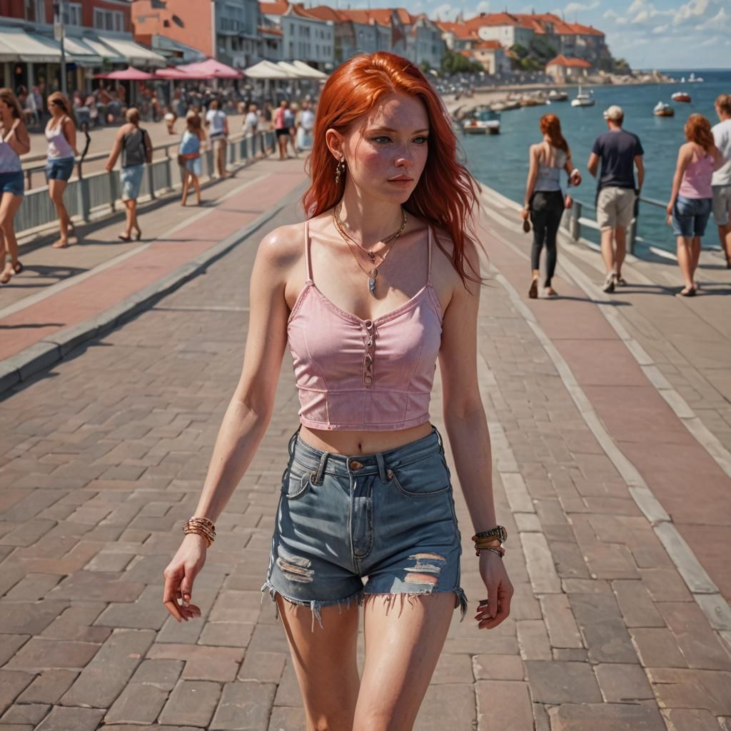 Red-Haired Girl Strolls Seaside Promenade: Fine Art Portrait