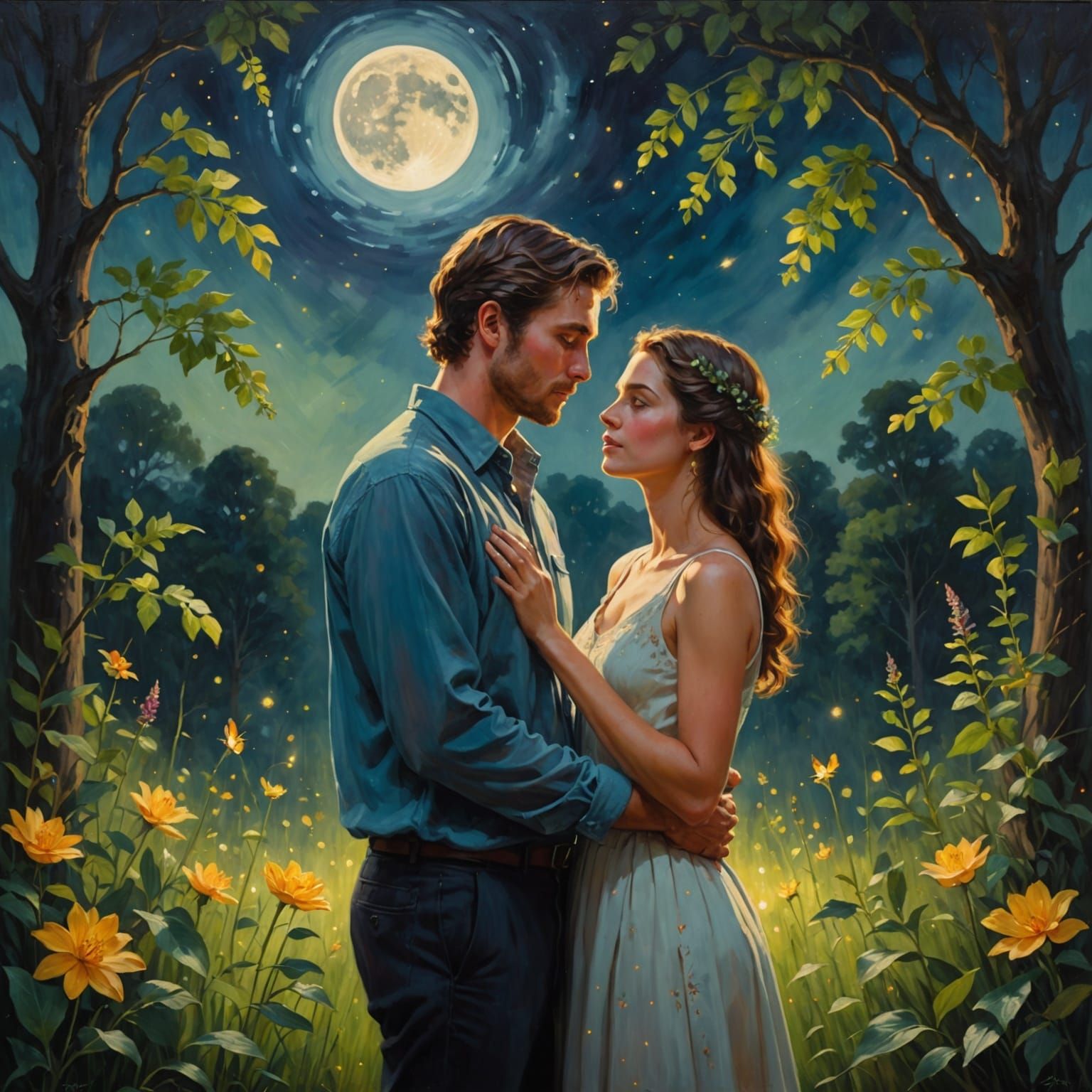 Realistic oil painting. Love portrait. Man and woman standin...