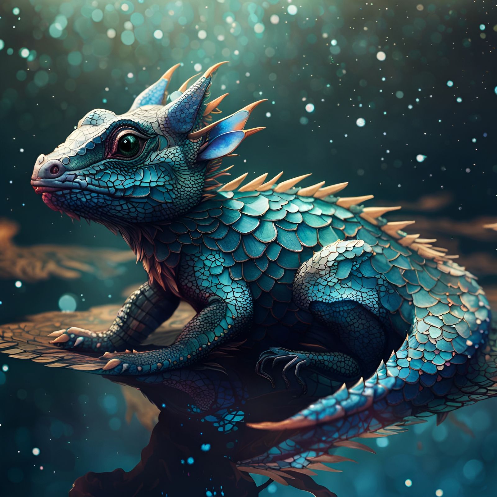 Cute Water Dragon with Nacreous Filigree, Digital Art