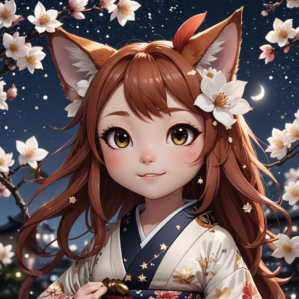 Chibi Catgirl with Red Hair and Magnolias