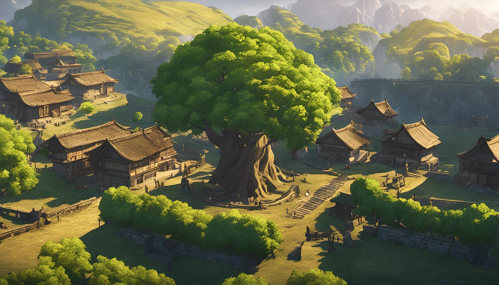 Anime-Style Village Built Around Giant Tree