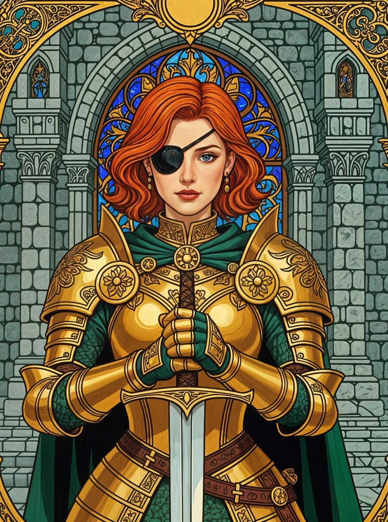 Female Knight in Golden Armor, Tarot Card Illustration