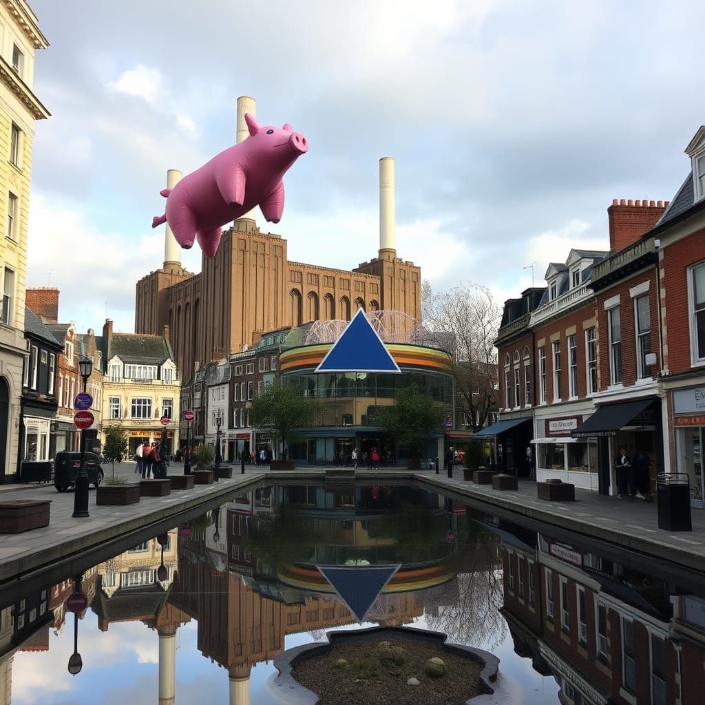 Old Town Street with Reflecting Pool and Pig
