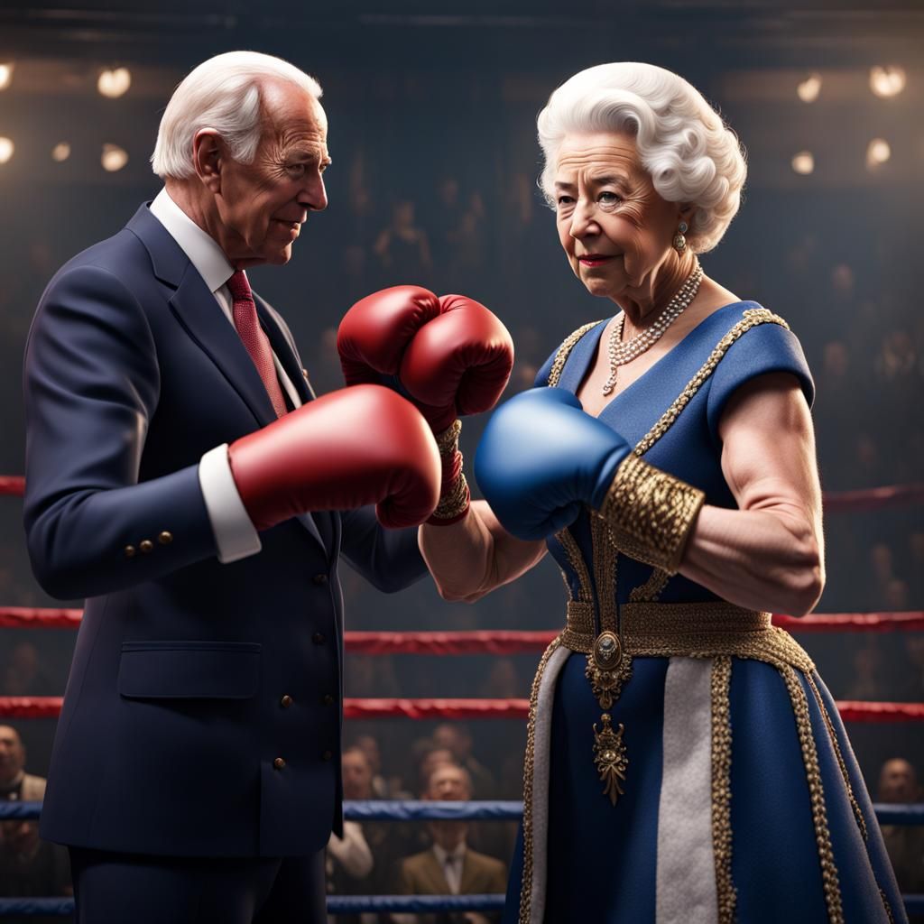 Hyperrealistic Queen Elizabeth Boxing Joe Biden