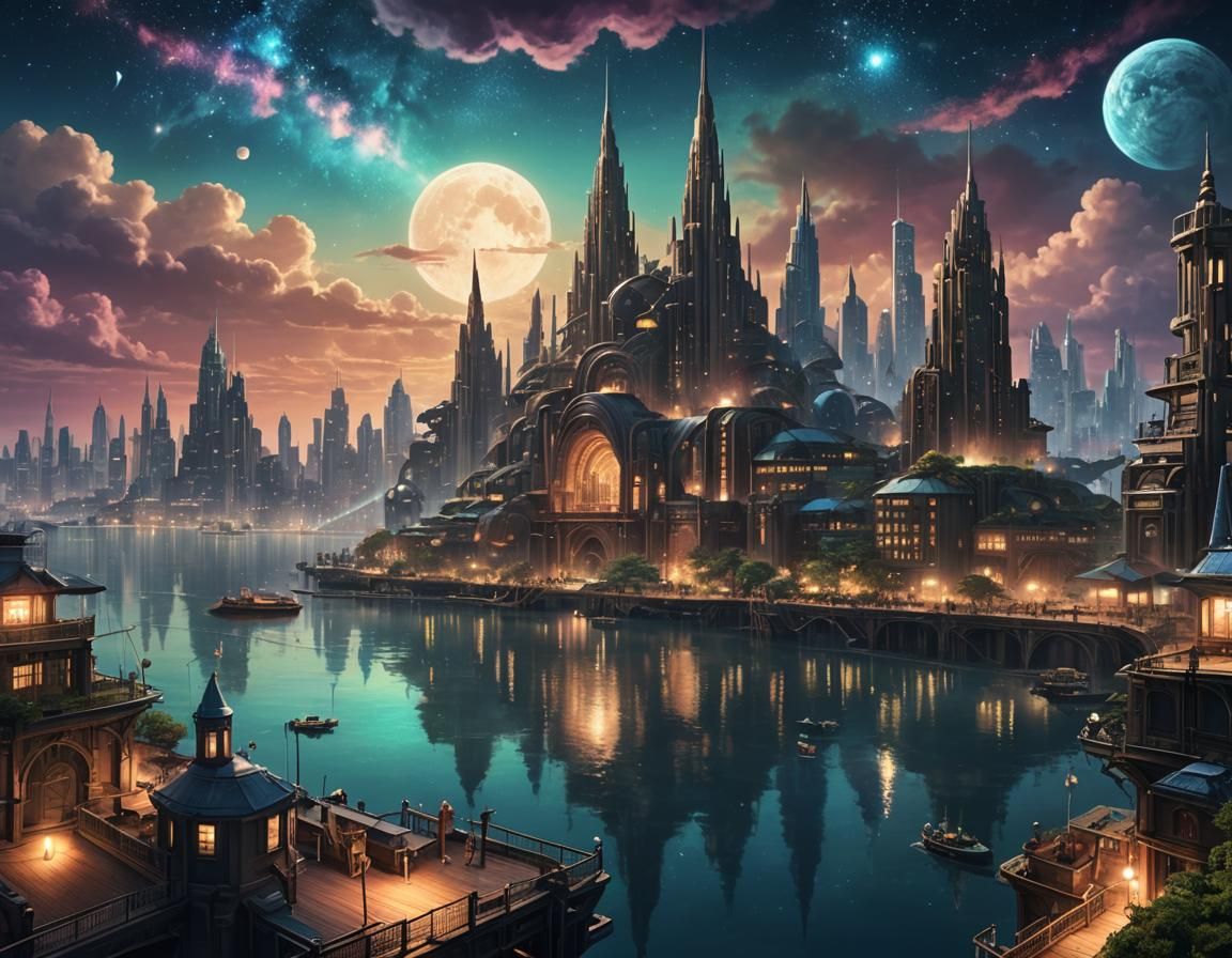 Enchanted Art Deco Seaport Under Nebula Sky