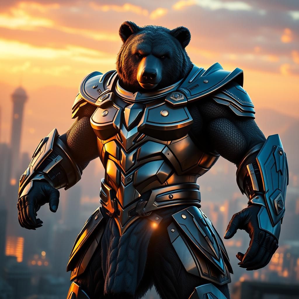 Bear Superhero in a Fantastical Cityscape