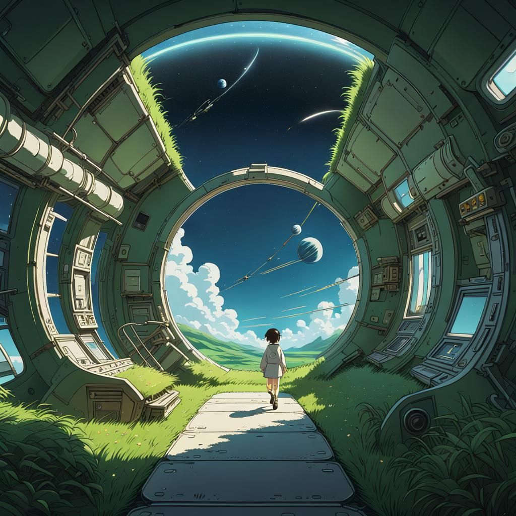 Ghibli-Style Space Station Scene with Alien Planets