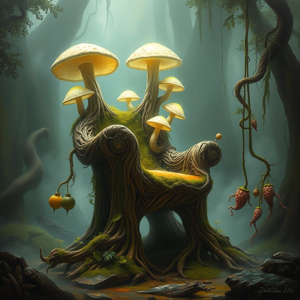 Ancient Root Armchair in Alien Jungle with Bioluminescent Fu...