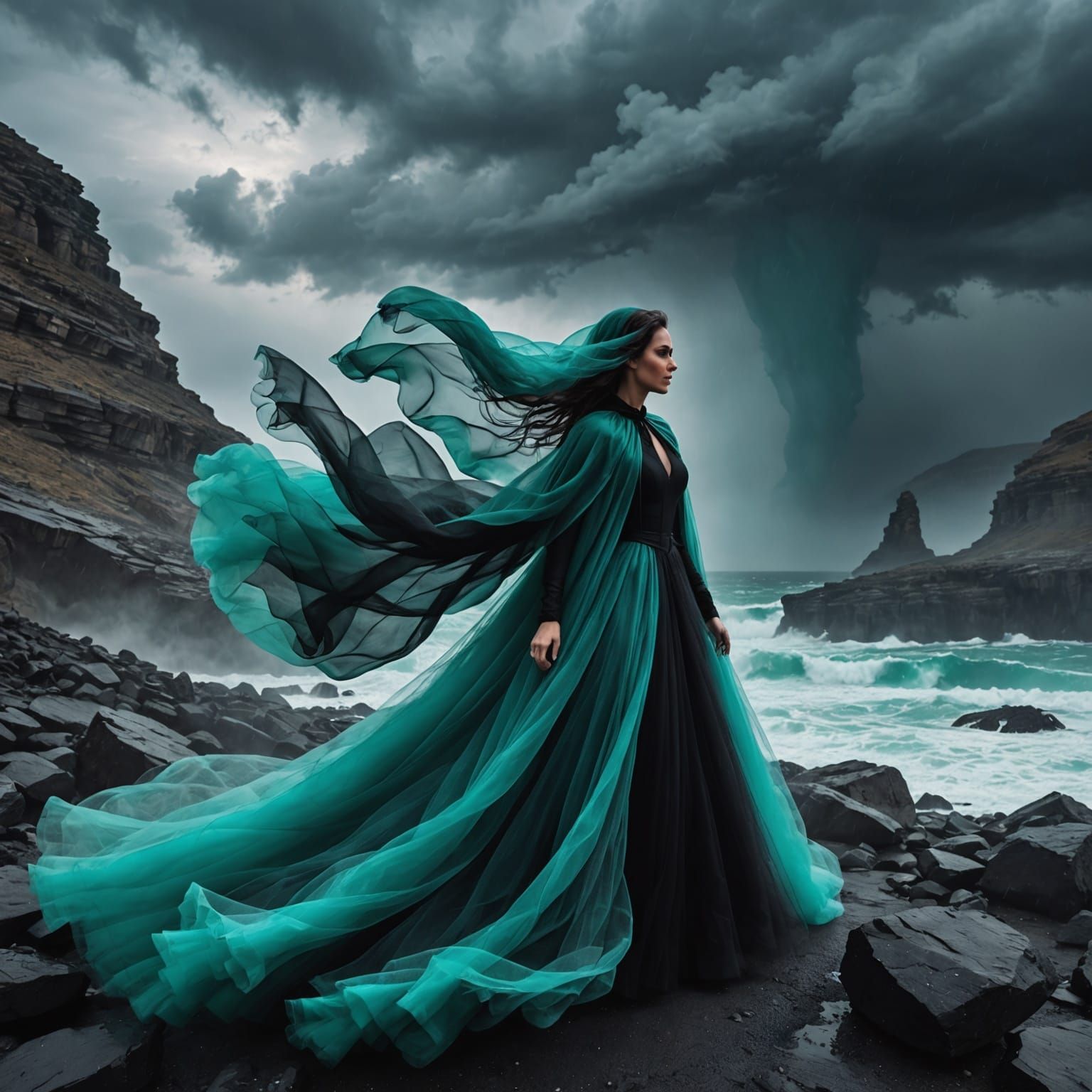 Ethereal Lady in Tulle Amidst Stormy Abyss