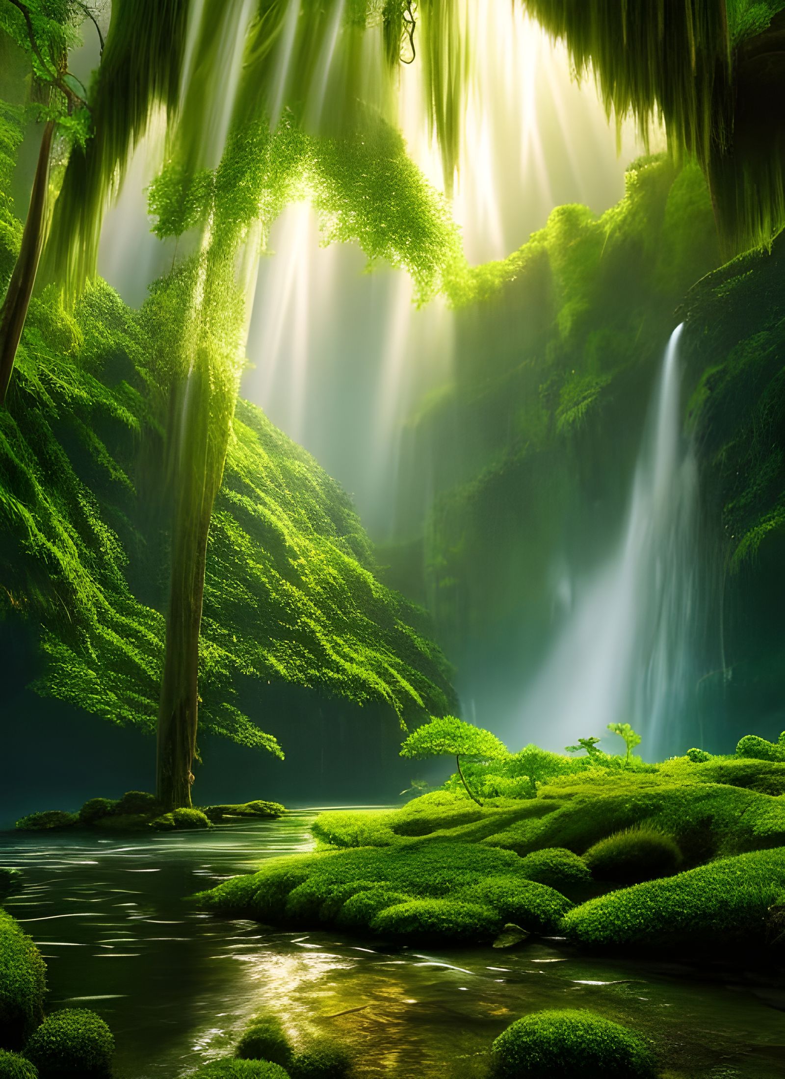 Lush Fantasy Tree Reflected in Golden Pond